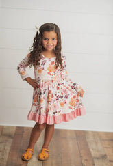Kids Pink & Coral Vintage Pumpkin Floral Ruffle Fall Dress